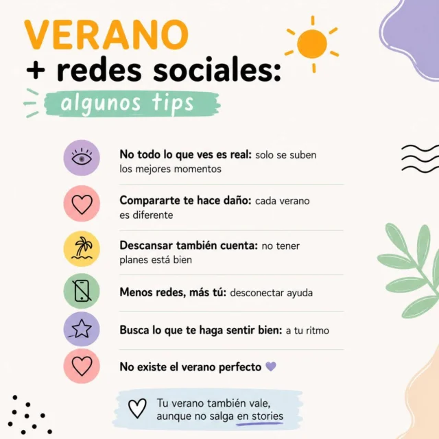 ☀️ A veces el verano en redes parece perfecto… pero no siempre es todo lo que parece.

Si sientes que todo el mundo tiene planazos menos tú, recuerda: lo que ves es solo una parte. Compararte puede hacerte sentir peor, pero tu verano no tiene que parecerse al de nadie. 🫂 

💙 Baja el ritmo, desconecta un poco y encuentra lo que a ti te hace sentir bien. 🎧 🍃 

✨ Tu verano también vale, aunque no salga en stories.

#PíldoraEmocional #BienestarJuvenil