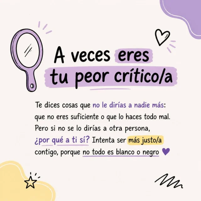 A veces somos mucho más duros con nosotros mismos que con los demás. 🫵🏼

Nos hablamos peor, nos exigimos más y nos cuesta ver lo bueno. Pero cambiar cómo te hablas puede cambiar mucho cómo te sientes. 🗣️🩷

💙 Empieza por tratarte con un poco más de respeto. 🫂

✨ No tienes que hacerlo perfecto, solo un poco mejor que ayer. ✨

#pildoraemocional #bienestarjuvenil