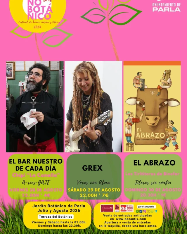 🌞Despide el mes de agosto como se merece...
¡con un buen planazo de #FindeEnParla!

🎸Grex (concierto)
🎭"El bar nuestro de cada día" (Teatro/música)
🤹‍♀"El Abrazo" (títeres)
🧙‍♂️Partidas de Rol en la Asociación Oráculo del Sur

Tienes toda la información en la agenda municipal en: www.ayuntamientoparla.es/eventos/