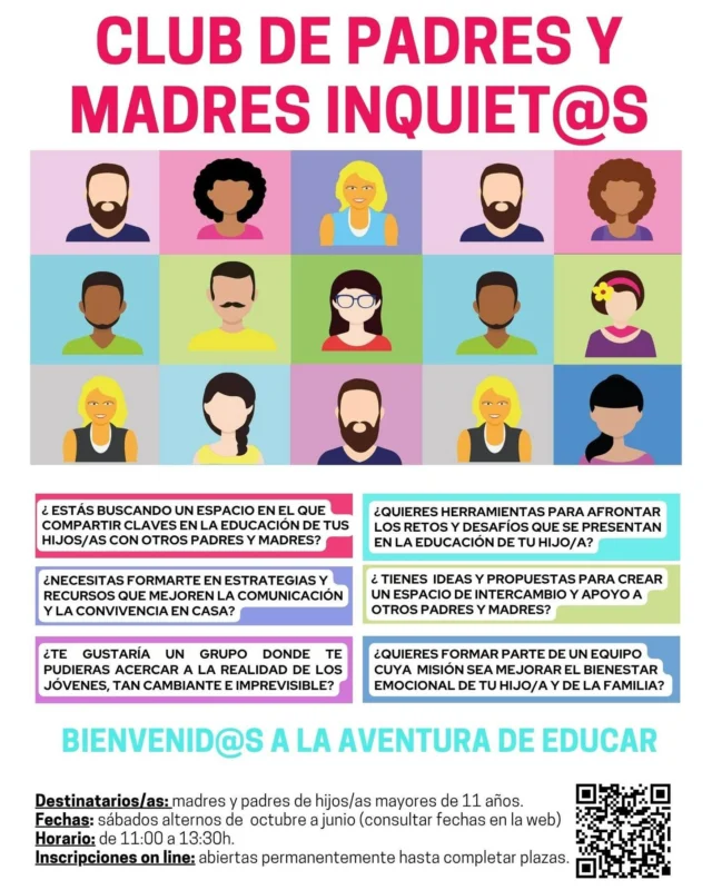 💬 Educar tampoco viene con manual de instrucciones.

Hay días en los que todo fluye… y otros en los que no sabes muy bien qué decir, cómo poner un límite o cómo acercarte a tu hijo/a. Y sí, a veces necesitamos parar, compartir y escuchar a otros que están pasando por algo parecido. ❤️

El Club de Padres y Madres Inquiet@s es un espacio para aprender, compartir experiencias y encontrar herramientas en la de aventura de educar.

Sin recetas mágicas. Sin juicios. Con dudas, ideas y ganas de hacerlo un poquito mejor.

👨‍👩‍👧‍👦 Si tienes hijos/as mayores de 11 años, este espacio es para ti.
📅 Sábados alternos
⏰ 11:00–13:30 h
📍 La Casa de la Juventud de Parla

Bienvenid@s a la aventura de educar. 💚

Toda la info e inscripciones en www.lacasajoven.com

#VidaEnLaCasa #BienestarEmocional