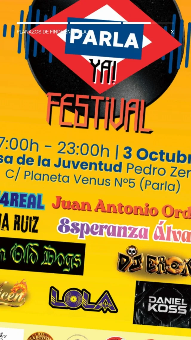 ¿Sin plan este finde? 👀
Pues igual no hace falta irse muy lejos. En #Parla pasan cosas. 👇
Este finde tienes planes para salir, descubrir cosas nuevas, conocer gente o simplemente hacer algo diferente:
🎨 Exposición: “Mujeres. Artistas. Singulares”
🖌️ III Bicicletada en Parla
🌿 Festival Metro A Parla Ya!
🎨 Exposición de Folklore figurativo
🛍️ Mercadillo Vecinal — Plaza de la Guardia Civil

Y esto es solo una parte de todo lo que puedes encontrar este #FindeEnParla. 😉
Sal de casa! haz que el finde cuente!

Toda la info en la agenda de www.ayuntamientoparla.es/eventos/
